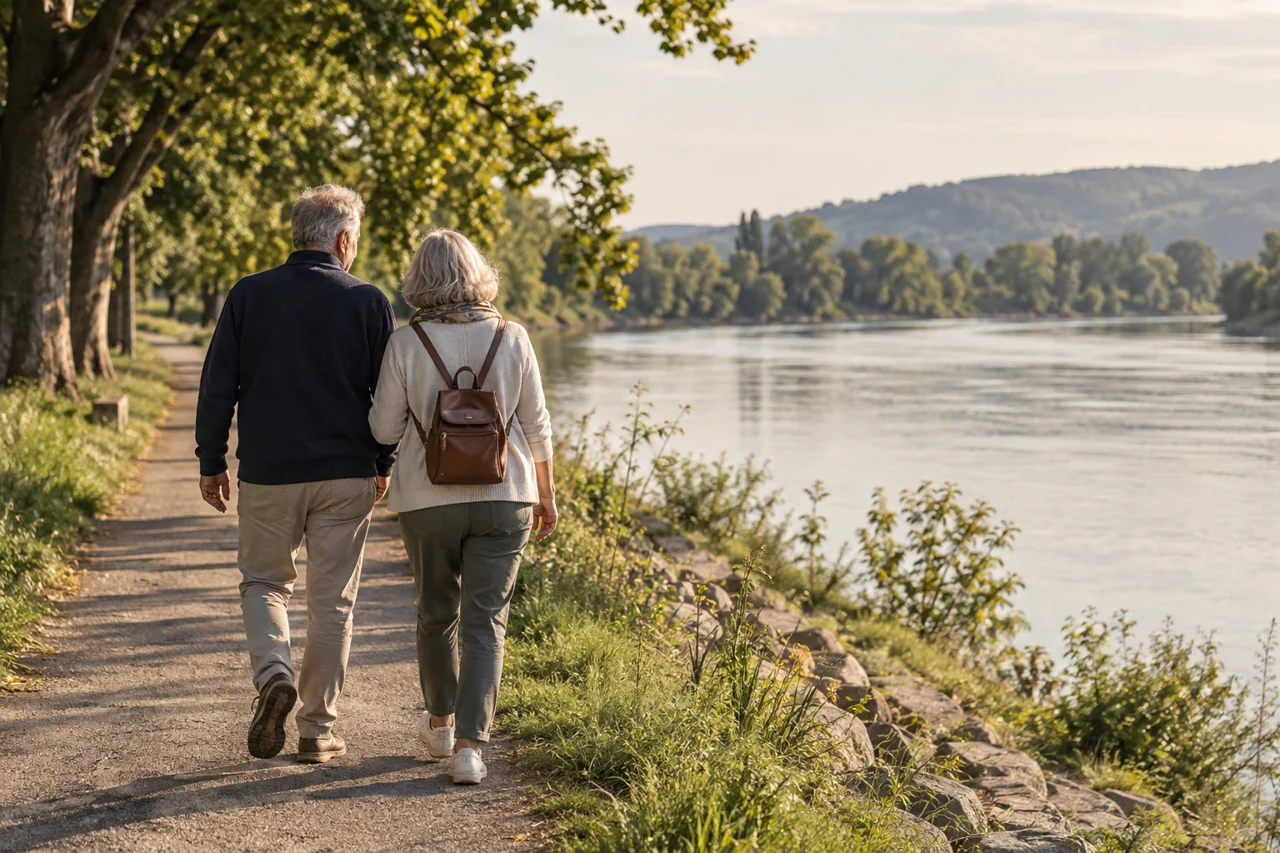 Ein älteres Paar spaziert gemeinsam auf einem Weg am Fluss