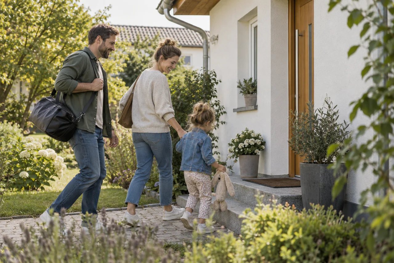 Eine Familie kommt vor einem Haus mit grünem Garten an